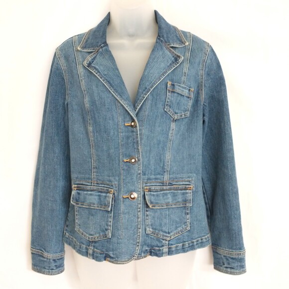 Style & Co Denim Jean Blazer Jacket with Bling Rhinestone Buttons Size S Stretch - Picture 1 of 9